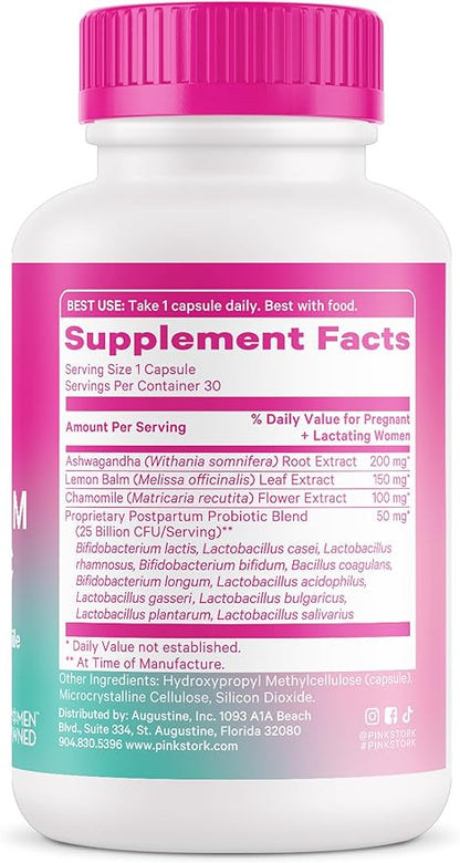 Pink Stork Probiotics for Postnatal Women - 30 Billion CFUS with Ashwagandha and Chamomile, Postpartum Essentials for Hormone Balance, Mood Support, Gut Health, Digestive Wellness, 30 Capsules