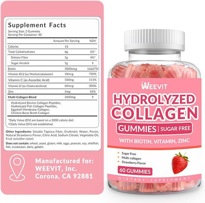 Sugar Free Collagen Gummies for Women, 2000mg Protein 5000mcg Biotin B12, Hydrolyzed