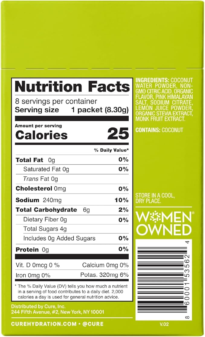 Cure Hydrating Plant Based Electrolyte Mix | Powder for Dehydration Relief | Made with Coconut Water | Non-GMO | No Added Sugar | FSA & HSA | Vegan | Paleo Friendly | Box of 8 Packets - Lime