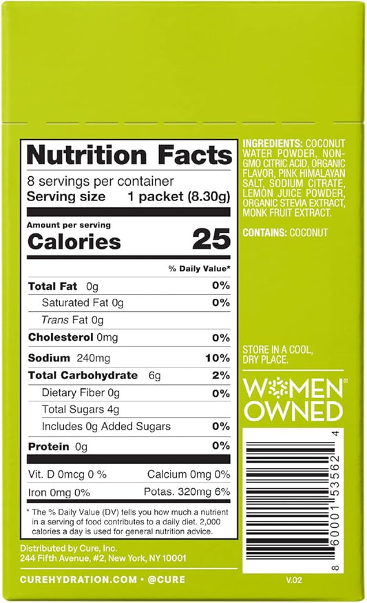 Cure Hydrating Plant Based Electrolyte Mix | Powder for Dehydration Relief | Made with Coconut Water | Non-GMO | No Added Sugar | FSA & HSA | Vegan | Paleo Friendly | Box of 8 Packets - Lime