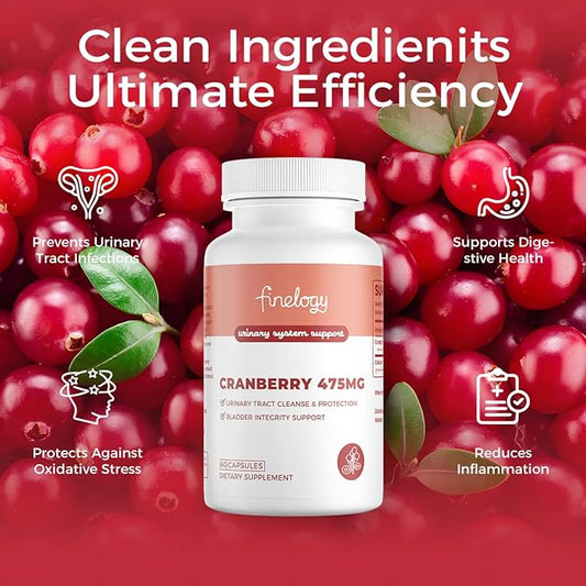 Cranberry Pills 475mg | 60 Vegan Capsules for Urinary Tract Health & Bladder Support, Concentrated Cranberry Powder, Non-GMO, Sugar-Free Cranberry Supplement, 2-Month Supply