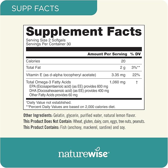 NatureWise Extra-Strength Omega 3 Fish Oil Supplement 1000mg per 600 EPA 400 DHA 60 Softgels[1-Month Softgels[1-Month Supply]