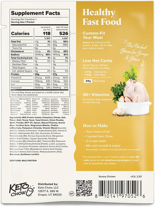 Keto Chow Savory Chicken | Keto Meal Replacement Shake Powder | Nutritionally Complete | Low Carb | Delicious Easy Meal Substitute | Protein Rich You Choose The Fat | Single Meal Sample