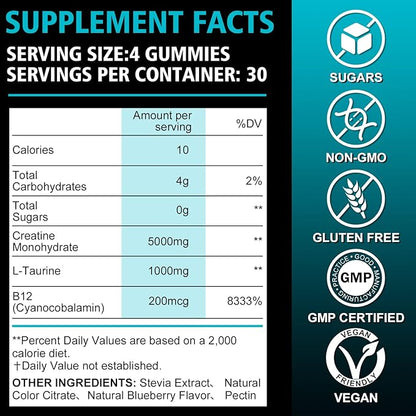 Creatine Monohydrate 6200 mg Soft Gummies for Men and Women - with Taurine and Vitamin B12, Enhances Energy -Muscular - Endurance - Vegetarian - Workout Supplement - Blueberry Gummies(120 Count)