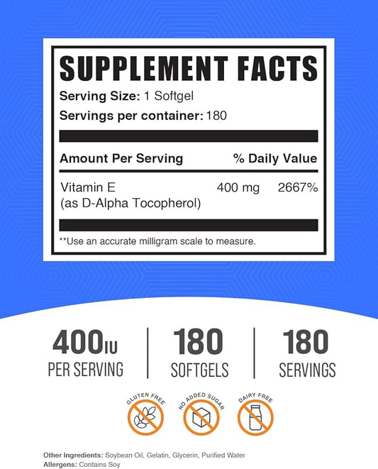 BulkSupplements.com Vitamin E 400 IU Softgels - Vitamin E Supplement, Vitamin E Softgels - as D-Alpha-Tocopherol, Antioxidants - Gluten Free, 1 Softgel per Serving, 180 Count (Pack of 1)