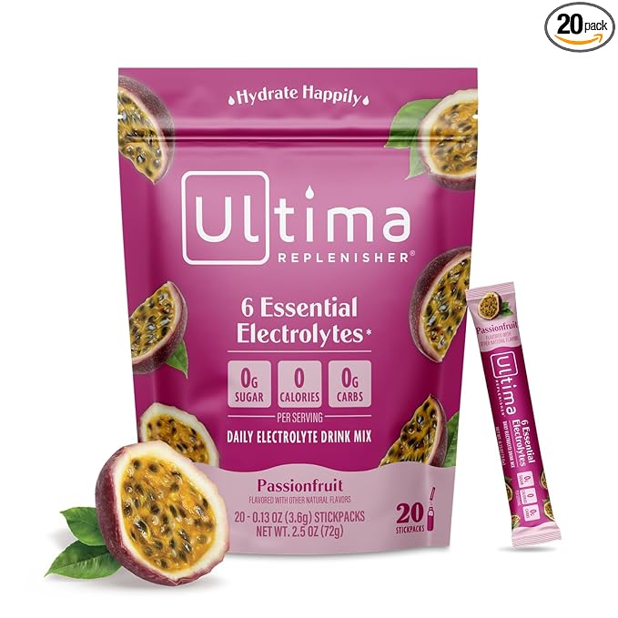 Ultima Replenisher Daily Electrolyte Powder Drink Mix – Passionfruit, 20 Stickpacks – Hydration Packets with 6 Electrolytes and Trace Minerals – Keto Friendly, Non-GMO and Sugar-Free