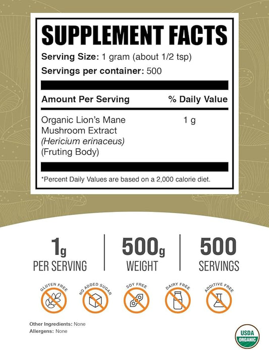 BulkSupplements.com Organic Lion's Mane Mushroom Extract Powder - Lions Mane Supplement Powder, Lion's Mane Extract - Mushroom Supplement, 1000mg per Serving, 500g (1.1 lbs) (Pack of 1)