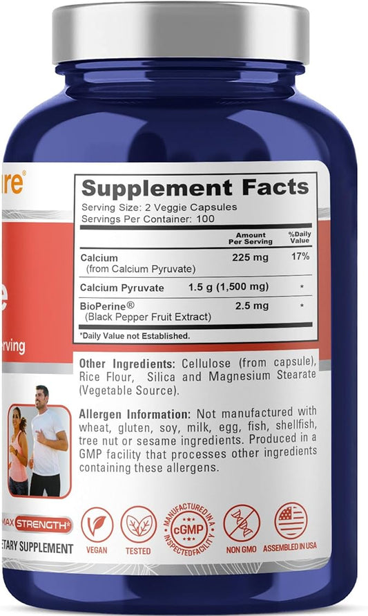 NusaPure Calcium Pyruvate 1500mg 200 Vegetarian Caps (Non-GMO, Vegan) - 750mg per caps
