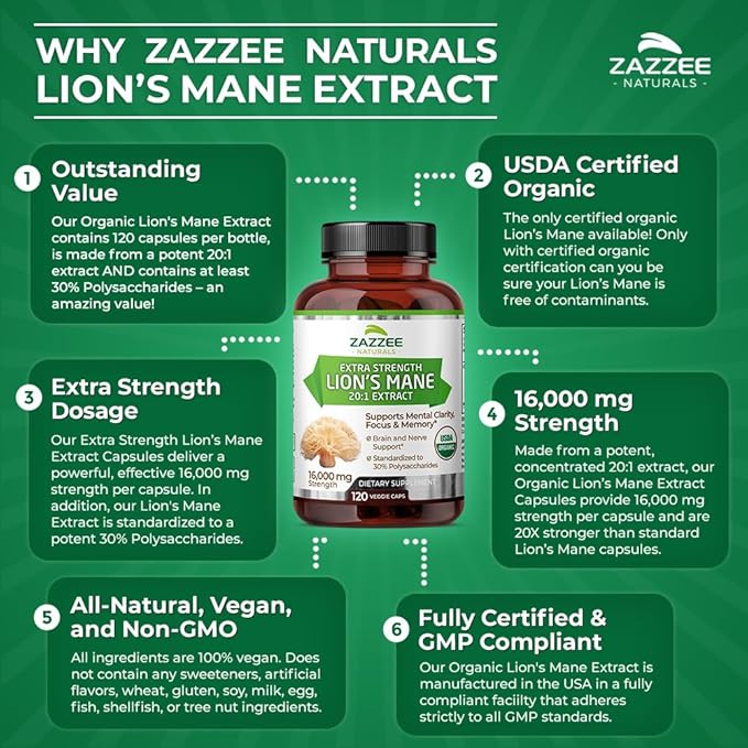 Zazzee USDA Organic Lion's Mane 20:1 16,000 mg 30% Polysaccharides, 120 Vegan 60 Day 20X Extract,