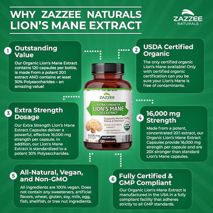 Zazzee USDA Organic Lion's Mane 20:1 16,000 mg 30% Polysaccharides, 120 Vegan 60 Day 20X Extract,