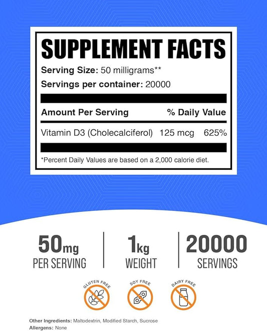 BulkSupplements.com Vitamin D3 Powder - Cholecalciferol, Vitamin D Supplements, Vitamin D3 5000 IU - Gluten Free, 50mg (125mcg of Vitamin D3) per Serving, 1kg (2.2 lbs) (Pack of 1)