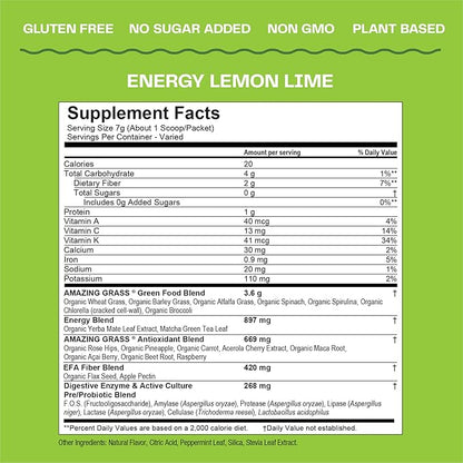 Amazing Grass Green Superfood Energy: Greens Powder with Plant Based Caffeine, Matcha Green Tea and Flax Seed, Nootropics Support, Lemon Lime, 30 Servings