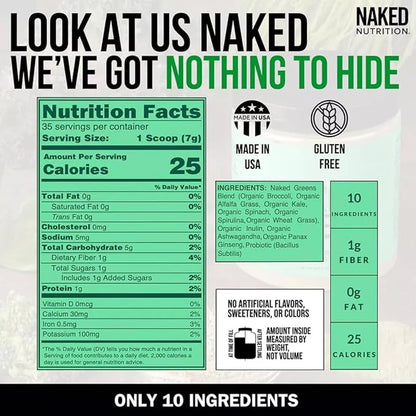 Naked Super Greens Powder Organic Greens Supplement - Only 10 Premium Ingredients - Vegan, Non-GMO, Prebiotic and Probiotic - 35 Servings