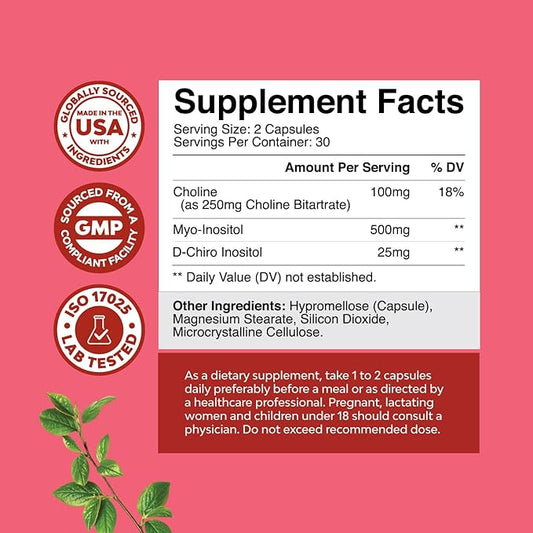 Myo-Inositol & D-Chiro Inositol Capsules - Choline Inositol Supplement for Cycle and Fertility Support - Womens Hormone Balance Supplement with Myo & D-Chiro Inositol Plus Choline Bitartrate