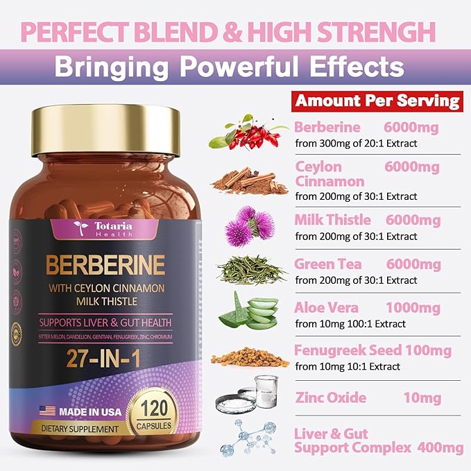 27-in-1 Berberine Supplement with Ceylon Cinnamon, 6000mg - 120 Caps
