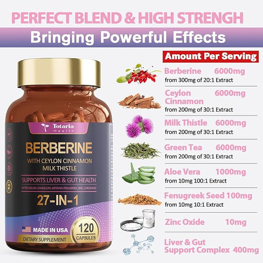 27-in-1 Berberine Supplement with Ceylon Cinnamon, 6000mg - 120 Caps