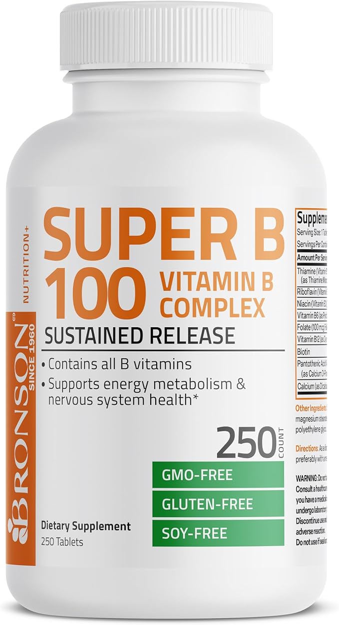 Bronson Super B 100 Vitamin B B1, B2, B2, B3, B3, B6, B6, B9 B9 - B12) Supports 250 Tablets