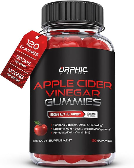 ORPHIC NUTRITION Apple Cider Vinegar Gummies - 1000mg - ACV Weight Loss Gummies - Supports Digestion, Detox & Cleansing - VIT B12, Beetroot - Gomitas de Vinagre de Manzana (120 pcs)