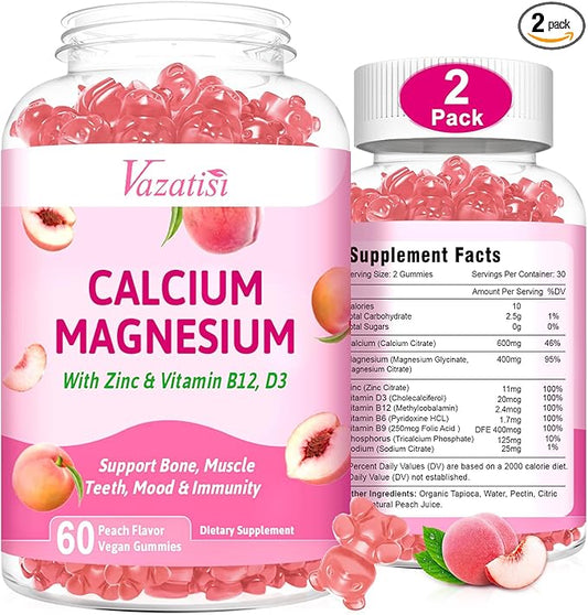 2 Pack Calcium Magnesium Zinc Gummies D3 & B12, Sugar