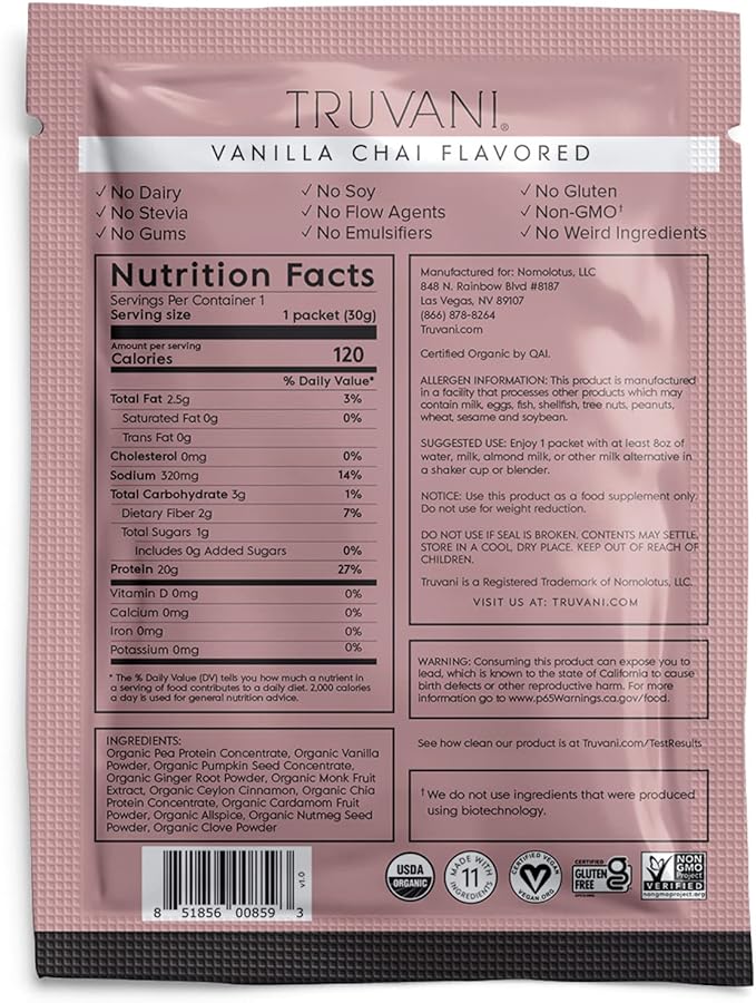 Truvani Vegan Pea Protein Powder 20g Organic 1 Serving