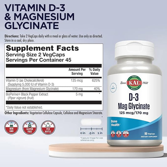 KAL Vitamin D3 & Magnesium Glycinate, 45 Servings, 90 VegCaps