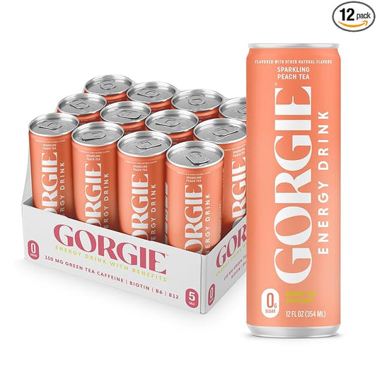 GORGIE Sugar Free Natural Energy Drinks, Sparkling Peach Tea (12 Pack) - Healthy Energy Drinks - Natural Coffee Replacement with Green Tea Caffeine and Biotin - 150mg Caffeine, Vegan, & Low Calorie