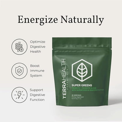 Terra Health Essentials® Super Greens | Organic Superfood Greens Powder | Gluten-Free Gut-Friendly Probiotics | 30 Servings