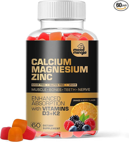 Calcium Magnesium Zinc Supplement Gummies for Kids Toddler & Adults - Enhanced Absorption with Vitamin D3 & K2 - Sugar Free Gluten Free Cal Mag Zinc Vegan Chewable Complex Calcium Gummies