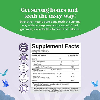 Tasty Kids Calcium Gummies - Vitamin D & Calcium Gummies for Children - Vitamin Gummies with Calcium & Vitamin D for Muscle Bone & Development - Gelatin-Free Kosher Childrens Gummies 60ct (2 Pack)