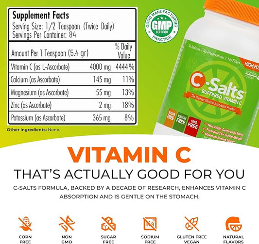 4000mg Vitamin C Powder Supplement - 100% Pure Buffered Powdered Drink with Ascorbate C - Potent Immune Support, Stomach-Friendly Absorption, Organic, Vegan, Sodium & Sugar-Free, Original 8oz