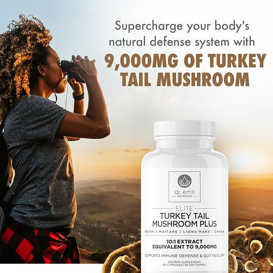 DR. EMIL NUTRITION Turkey Tail Mushroom Capsules - Turkey Tail Mushroom Supplement for Immunity & Gut Health - Elite Formula with Lion's Mane, Chaga, Reishi & Maitake