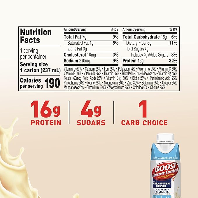 BOOST Glucose Control Ready to Drink Nutritional Drinks with Extra Nutrient Support Drink, Very Vanilla, Carton, 8 Fl Oz, Pack of 24