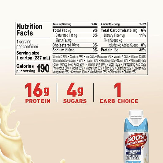 BOOST Glucose Control Ready to Drink Nutritional Drinks with Extra Nutrient Support Drink, Very Vanilla, Carton, 8 Fl Oz, Pack of 24