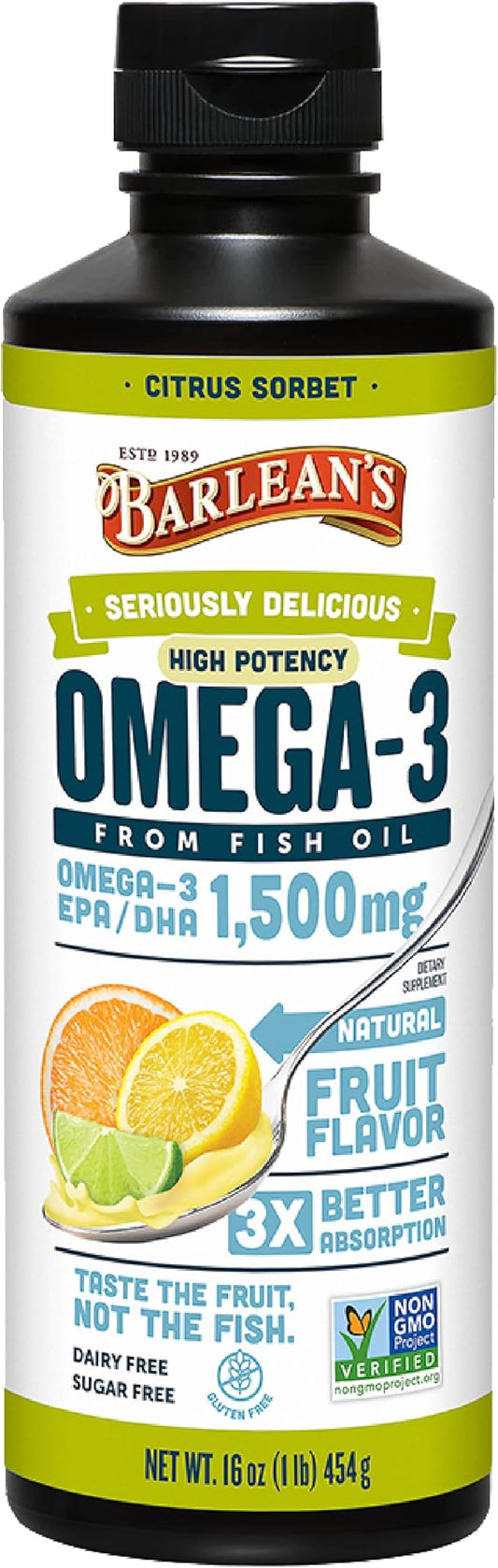Barlean's Citrus Sorbet High Potency Omega 3 Fish 1500mg of 16 oz