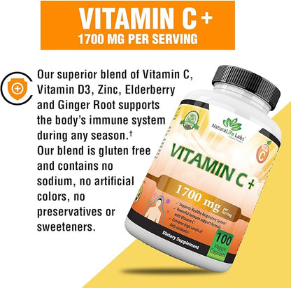 Vitamin C 1,700 MG with Vitamin D3, Zinc, 100 veggie