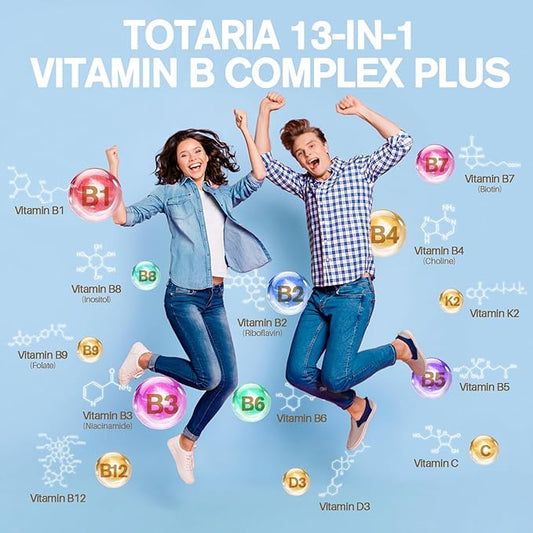 13-in-1 Vitamin B Complex Plus B1, B2, B2, B3 B3 (Niacinamide), B4, B5, B5, B6, B6, B7 B7 (Biotin), B8 (Inositol), B9 (Folate), B12, C, D3, K2 K2 - 120 Vegan