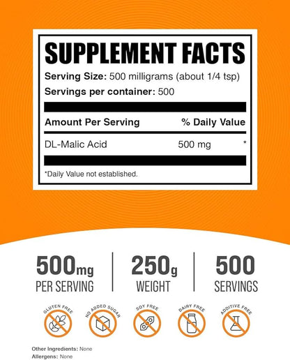 BulkSupplements.com Malic Acid Powder - Malic Acid Supplement, Malic Acid Powder Food Grade - for Energy & Skin Support, Gluten Free - 500mg per Serving, 250g (8.8 oz)