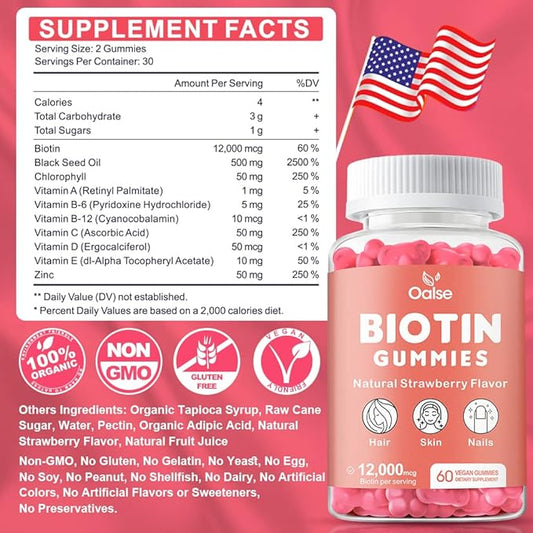 Biotin 12,000mcg Gummies, Hair Skin and Nails Vitamins for Women - Biotin Vitamins with Chlorophyll, Black Seed Oil, Multivitamins & Zinc Support Hair Glowth Immune Health (2-Pack)