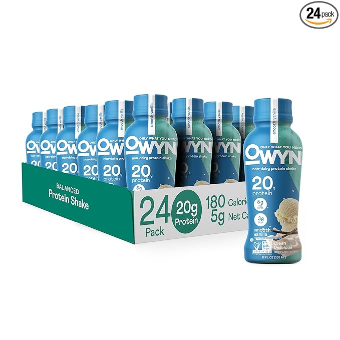 OWYN Only What You Need Plant Based Protein Shake, 20g Vegan Protein from Organic Pumpkin Seed, Flax, Pea Blend, Prebiotic Supplement, Superfood Greens, Gluten & Soy-Free (Vanilla, 24 Pack)