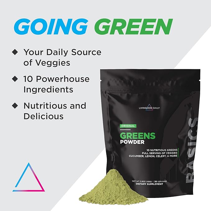Livingood Daily Greens Powder (Original) - Green Juice Powder Supplement with Spirulina, Chlorella, Broccoli, Spinach for Energy & Digestive Support - Powdered Super Greens for Gut Health, 30 Servings
