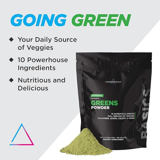 Livingood Daily Greens Powder (Original) - Green Juice Powder Supplement with Spirulina, Chlorella, Broccoli, Spinach for Energy & Digestive Support - Powdered Super Greens for Gut Health, 30 Servings