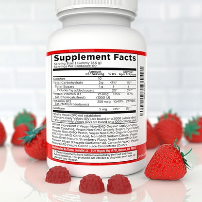 Vitamin D3, B12 Gummies by Dr. Danielle, Vegan Daily Supplement for Adults & Kids, Non-GMO, Vitamin D3 1000 IU & 250 mcg Vitamin B12, 2 Month Supply (60 Gummies)
