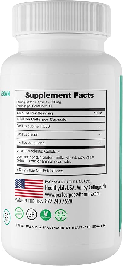 Probiotic, Natural Bacillus Spore Human Strains with 100% Survival Rate Through Stomach Acid and Bile for Gut and Digestive Wellness, Vegetarian, 30 Capsules