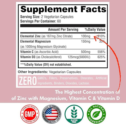 Zinc, Zinc 100mg, Magnesium Glycinate 150mg, D3 5000 5000 IU, 500mg Per