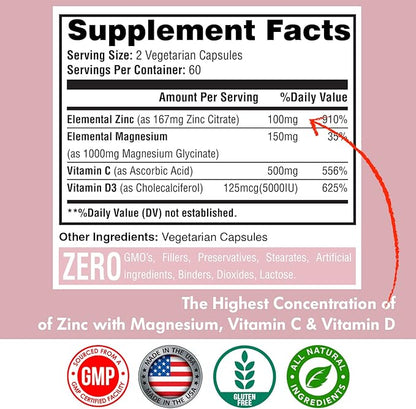 Zinc, Zinc 100mg, Magnesium Glycinate 150mg, D3 5000 5000 IU, 500mg Per