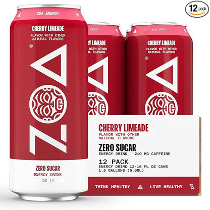 ZOA Zero Sugar Energy Drink, Cherry Limeade - Sugar Free with Electrolytes, Healthy Vitamin C, Amino Acids, Essential B-Vitamins, and Caffeine from Green Tea - 16 Fl Oz (12-Pack)