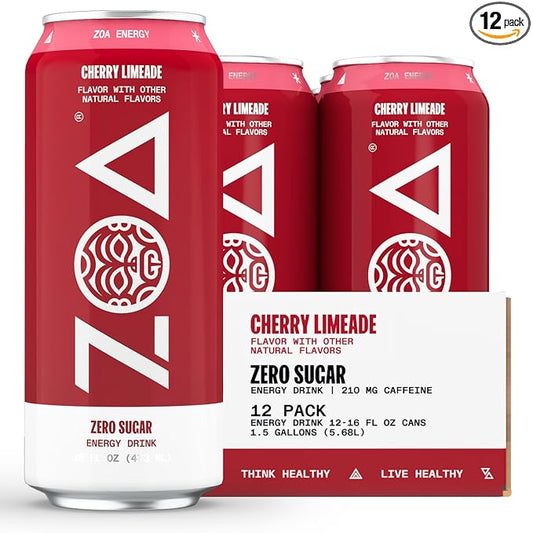 ZOA Zero Sugar Energy Drink, Cherry Limeade - Sugar Free with Electrolytes, Healthy Vitamin C, Amino Acids, Essential B-Vitamins, and Caffeine from Green Tea - 16 Fl Oz (12-Pack)