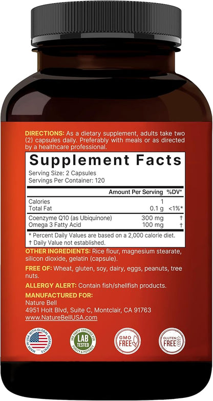 CoQ10 (Ubiquinone) 300mg with Omega 3 240 Capsules Q10 Supplement
