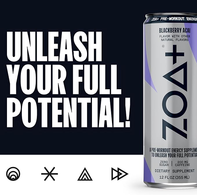 ZOA+ Pre-Workout Energy Drink Supplement - NSF Certified for Sport with Zero Sugar, Nitric Oxide Support, B & D Vitamins, Amino Acids, and Electrolytes (BlackBerry Acai)