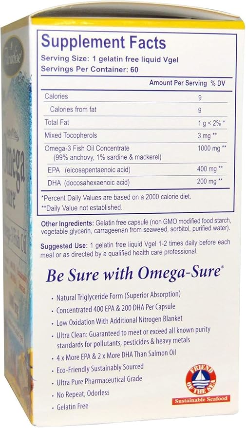 Paradise Herbs Omega-Sure, Omega-3 Concentrate, Premium 60 Count